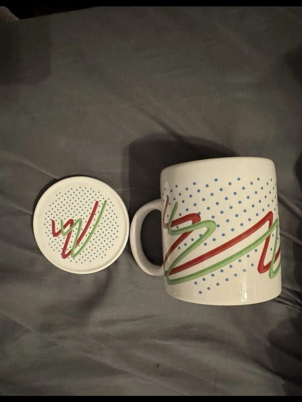 White Ceramic Mug with Red & Green Swirl Accent